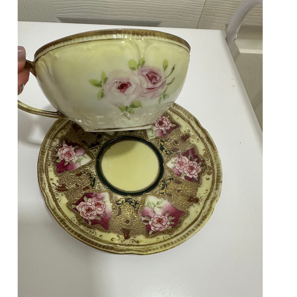 Nippon Tea Cup Saucer Set Unisex OS Yellow Good Floral Gold Moriage Hand Painted